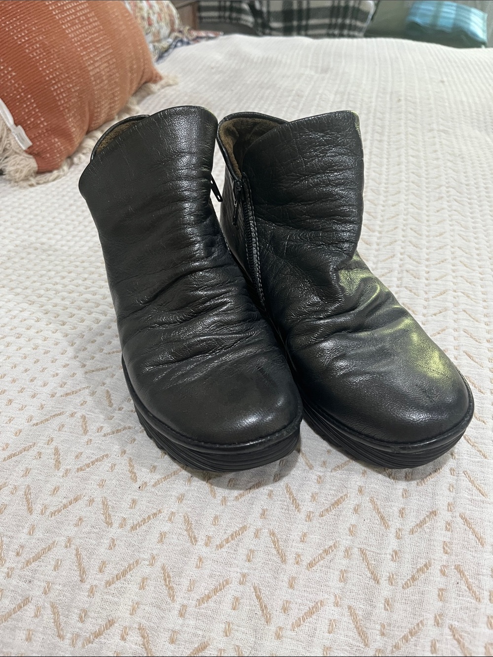 Fly London Black Leather Ankle Booties with Side Zip